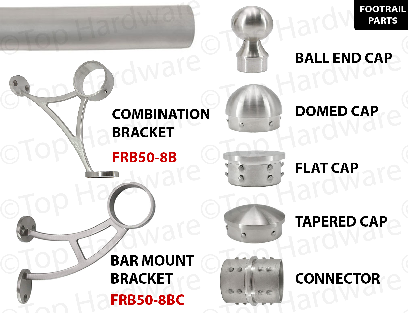 - Brushed Stainless Steel Tubing - Combination Foot Rail Brackets 2 in OD, 4 ft Length Custom-Made Item Flat End Caps Top Hardware Bar Foot Rail Kit 