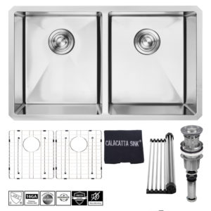 Calacatta Sink 32-inch Handmade Undermount Double Bowl Stainless Steel 304 16 Gauge Kitchen Sink