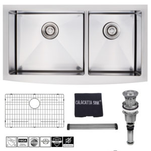 Calacatta Sink 36-inch Handmade Farm House Apron 60/40 Double Bowl Stainless Steel 304 16 Gauge Kitchen Sink