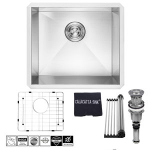 (CS2018) Calacatta Kitchen Sink 20-inch Handmade Single Bowl 16 Gauge Undermount Stainless Steel 304 Kitchen Sink w/Drain Strainer Grid & Dish Cloth