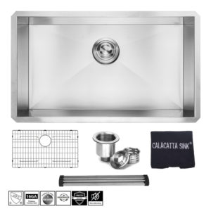 (CS3219S) Calacatta Sink 30" x 17" Handmade Single Bowl Under mount 16 Gauge Stainless Steel 304 Kitchen Sink w/Drain Strainer Grid & Dish Cloth