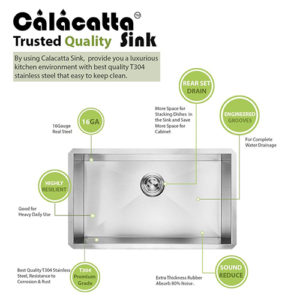 (CS2718S) 27" x 18" Stainless Steel 304 Handmade Single Bowl Undermount Kitchen Sink 16 Gauge w/Drain Strainer Grid & Dish Cloth (ZERO RADIUS CORNER)