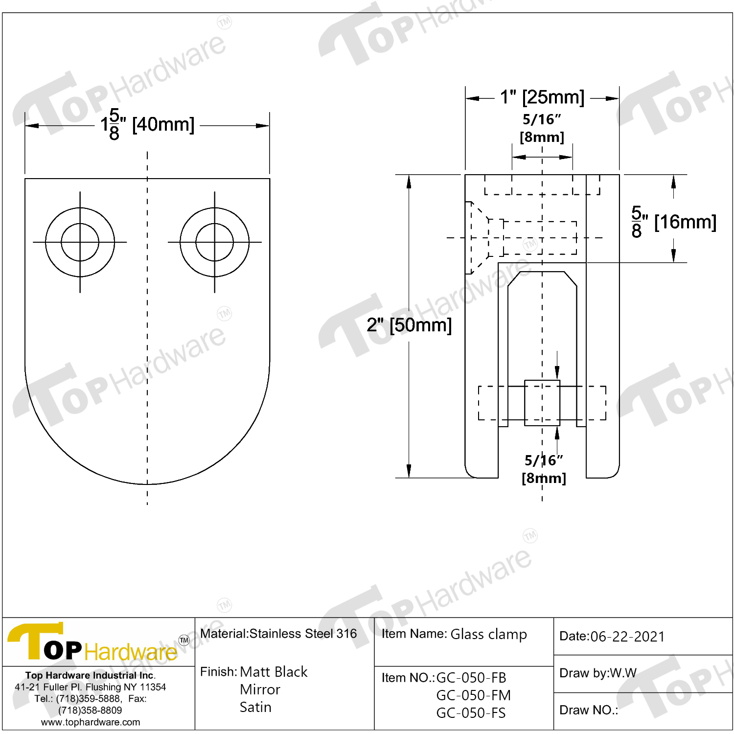 (GC050)Stainless Steel 316 Grade Heavy Duty Flat Back Glass Clamp 50 x 40 mm for 1/4″ or 3/8
