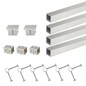 Solid Bar Mount Foot Rail Kit, 304 Grade Satin Brushed Stainless Steel 1-1/2" x 1-1/2" Square Tubing w/Internal Connector, Combination Foot Rail Brackets
